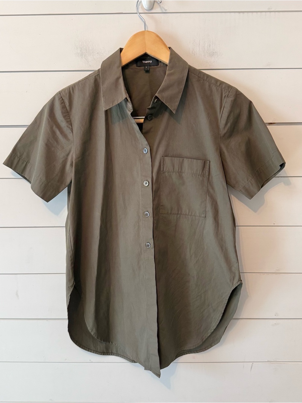 Theory | Olive Green Utility Short-Sleeve Button-Down Blouse Shirt Size P- XSP
